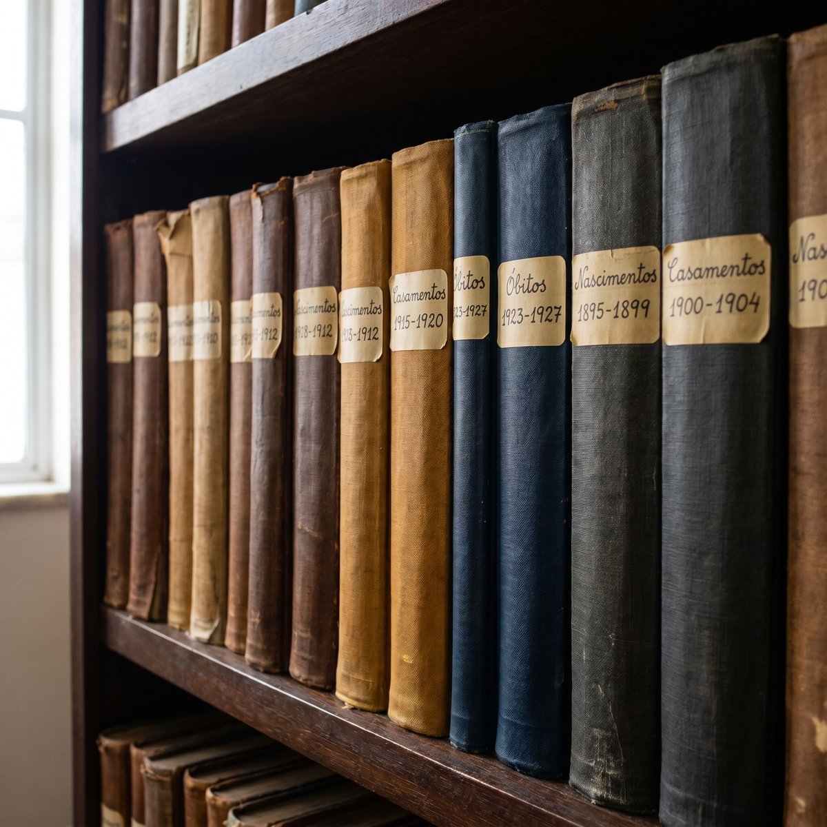 Lombadas de livros antigos de registro civil — Nascimentos, Casamentos e Óbitos do início do século XX
